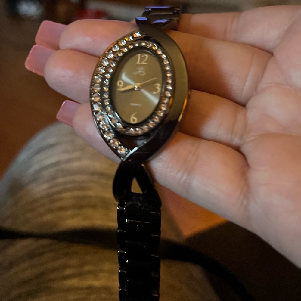 Elegant Black Opaque Banded Watch With Swarovski Crystals Around Face